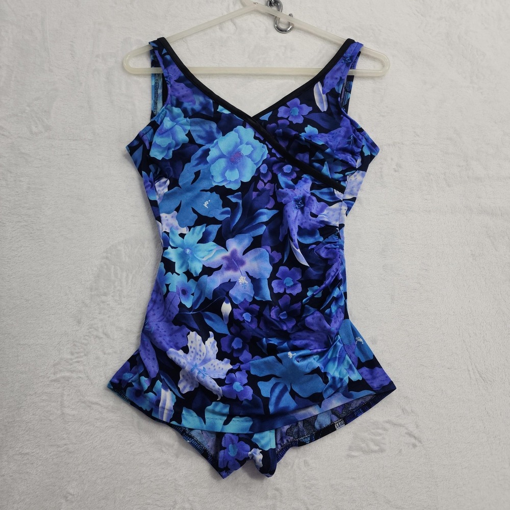 Vintage Mainstream Swimsuit Womens M‎ Blue Purple Floral Skirted One Piece Beach